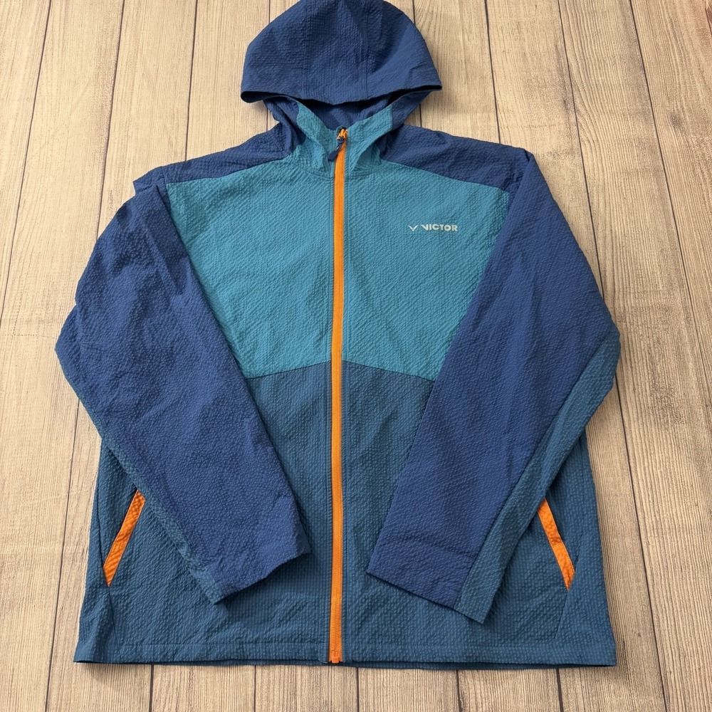 Victor‎ Seersucker Hooded Windbreaker Jacket Blue Orange Lightweight Men XL